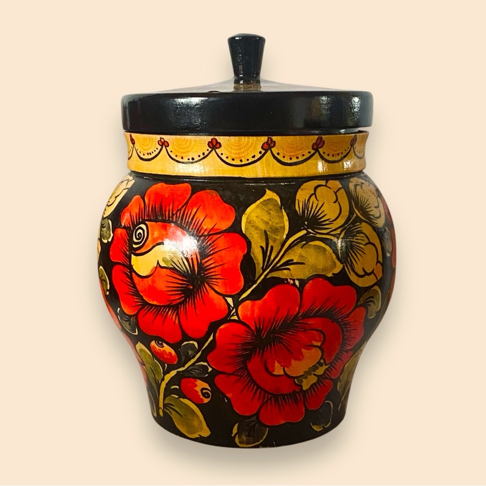 Russian Khokhloma Vintage Floral Lidded Canister or Vase Handmade